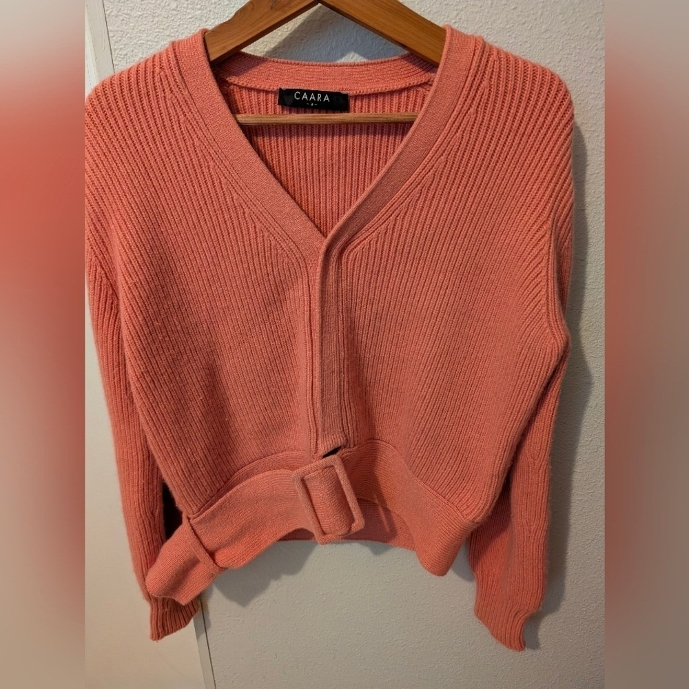 Caara Cropped Thick Cardigan Sweater Belt Long Sleeve Salmon Pink Women's Size M